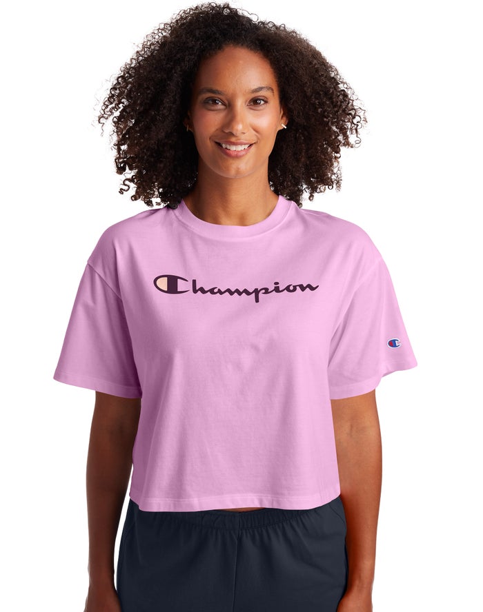 Champion T-Shirt Dames - Roze - Cropped Script Logo ( 435789-QCO )